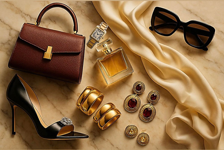 accessoires pour une tenue sac parfum chaussures lunettes de soleil boucles d'oreilles